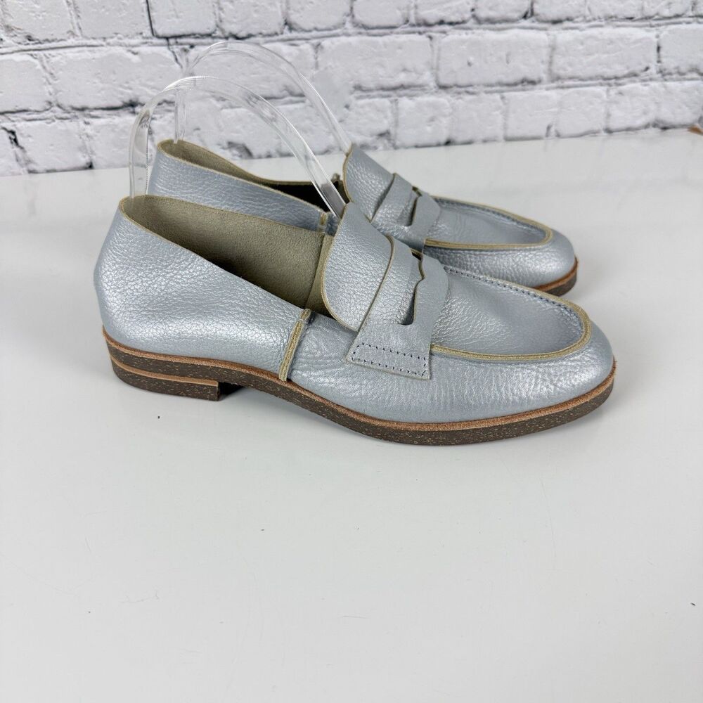 U-Dot Japan Pebble-Textured Silver Leather Penny Loafers Shoes Women US 8-8.5